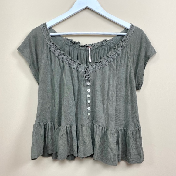 Free People Tops - Free People Olive Green Ruffle Button Blouse XS